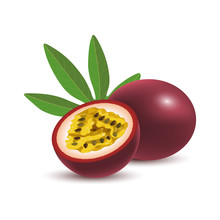 Isolated Realistic Colored Whole And Half Of Juicy Purple Passion Fruit And Green Leaf With Shadow On White Background.