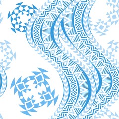 Wall Mural - Sea waves seamless pattern. Tribal blue and white background. Ethnic ornaments. Vector illustration.