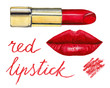 Watercolor lip makeup hand-painted set: lipstick in a gold case, red lips, lettering: red lipstick.