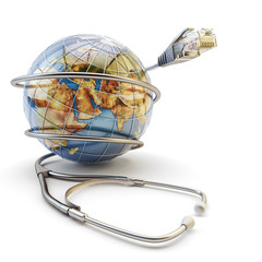 Poster - network diagnosis and maintenance concept, diagnostic tool stethoscope with ethernet cable plug conn