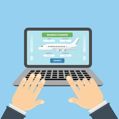 Poster - Flight ticket search. Hands typing on laptop for online booking.