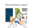 Smartphone repair work. Hands with repairing tools for broken phone.