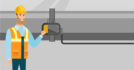 Sticker - Operator checking detector on gas pipeline.