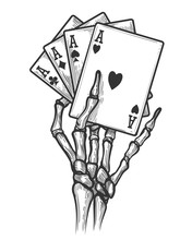 Black Jack Bones Hand Vector Illustration. Engraving Skeleton Hand With Four Aces