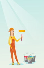 Wall Mural - Painter holding paint roller vector illustration.