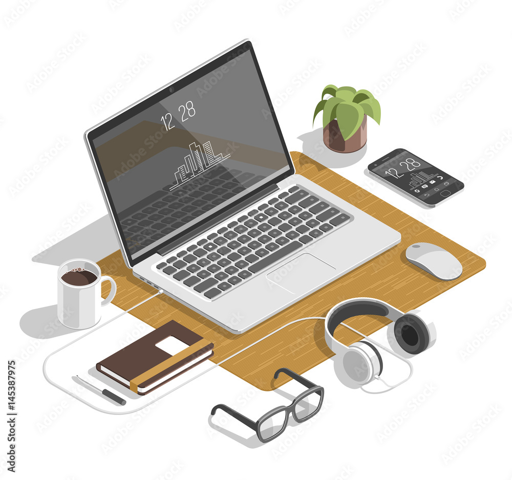 Flat isometric 3d workspace concept vector. Devices set on white ...