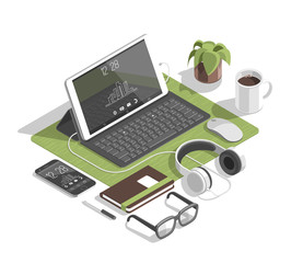 Wall Mural - Flat isometric 3d workspace concept vector. Devices set on white background. Laptop, smart phone, tablet, player, desktop computer, glasses, cup of coffee, notebook, headphones.