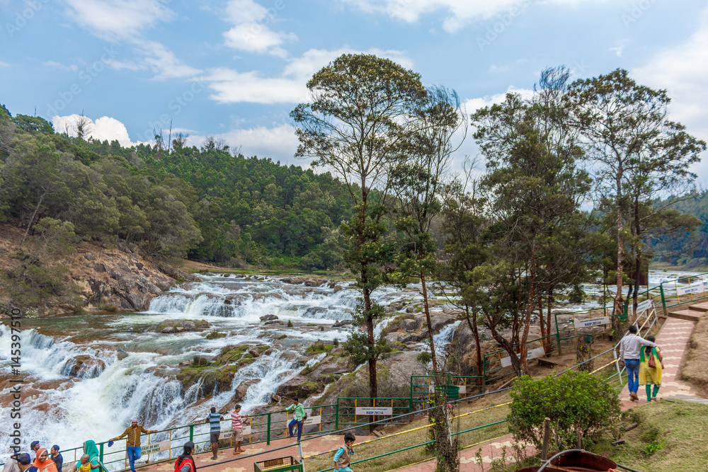 People at Pykara waterfall, Ooty, India - March 14, 2016: Pykara ...
