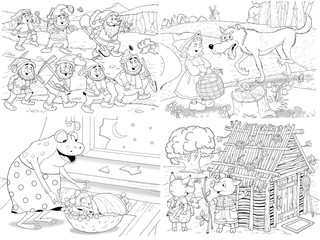 Wall Mural - Small set of fairy tale illustrations. Snow White and seven dwarfs. Three little pigs. Thumbelina. Coloring page. Coloring book. Cute and funny cartoon characters
