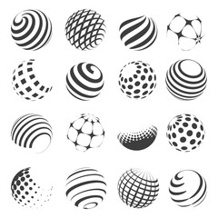 Halftone black and white sphere set isolated on white background. Vector abstract spheres with dots and stripes for logo and web designs