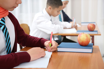 Wall Mural - Cute girl sitting at desk in school class