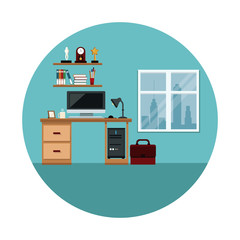 Wall Mural - office space work computer desk lamp shelf trophy clock window town interior vector illustration