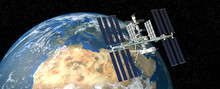 Extremely Detailed And Realistic 3d Image Of ISS International Space Station Orbiting Earth. Shot From Outer Space. Elements Of This Image Have Been Furnished By Nasa.