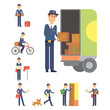 © partyvector - Postman delivery man character vector courier occupation carrier cute male package transportation.