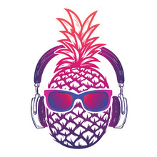 Pineapple With Sunglases And Headphones. Summer Consept. Vector Illustration.