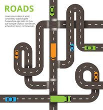 Roads Junctions Concept. Vector Illustration With Winding Roads 