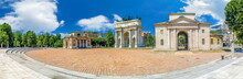 Huge Wide Panorama View Of Arco Della Pace, Porta Sempione, Colorful Sunny Day In Milan Italy Traveling Sightseeing Destination Summer Blue Sky Outdoors Beautiful Monument Architecture