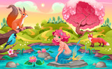Fototapeta Dinusie - Fantasy scene with mermaid and animals