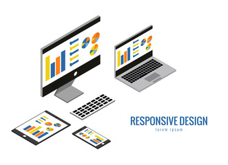 Responsive web design, computer equipment, application development and page construction. Isometric 3d flat vector illustration.