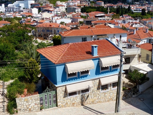 Blaues Ferienhaus Mit Markisen Und Blauem Schornstein In Cesme Bei Izmir In Der Turkei Buy This Stock Photo And Explore Similar Images At Adobe Stock Adobe Stock
