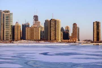 Fototapete - Winter in Chicago - skyline at sunrise