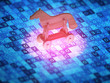 Cyber security concept. Toy horse on a digital screen, symbolizes the attack of the Trojan virus.
