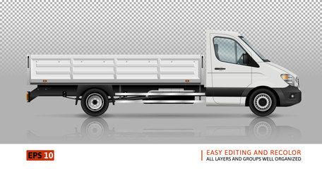 Wall Mural - Flatbed truck template for car branding and advertising. Isolated lorry on white. All layers and groups well organized for easy editing and recolor. View from right side.