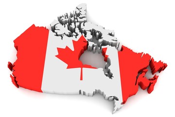 Wall Mural - Country shape of Canada - 3D render of country borders filled with colors of Canada flag isolated on white background