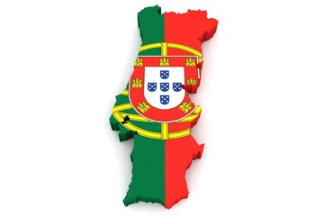 Wall Mural - Country shape of Portugal - 3D render of country borders filled with colors of Portugal flag isolated on white background