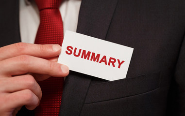 Poster - Businessman putting a card with text Summary in the pocket