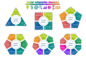 Wall Mural - Set of circle infographic template with 3-8 steps and central element in form of a geometric figures. For presentation and design concept. Vector illustration.