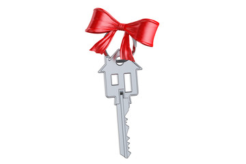 Poster - Home key with red bow, gift concept. 3D rendering
