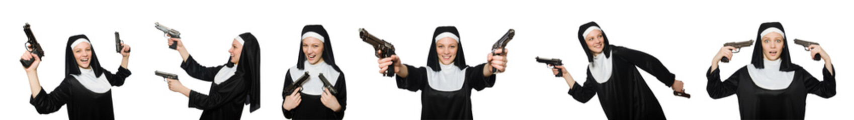 Wall Mural - Nun with handgun isolated on white