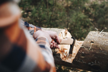 Poster - Strong lumberjack in a plaid shirt and an ax in hands is going to cut a tree in the forest