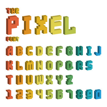 Pixel retro font video computer game design 8 bit letters numbers electronic futuristic style vector abc typeface digital creative alphabet isolated