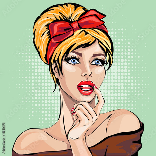 Naklejka dekoracyjna Pin up style sexy dreaming woman portrait, pop art girl looking up face, vector