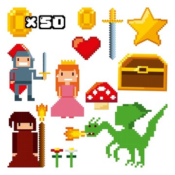 pixelated video game icons vector illustration design