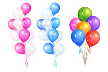 Bunches Of Colorful Helium Balloons Isolated On White Background. Party Decorations For Birthday, Anniversary, Celebration. Vector Illustration.