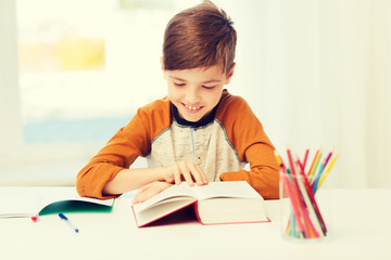 Poster - smiling, student boy reading book at home