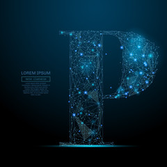 Poster - Abstract image of the letter P of a starry sky or space, consisting of points, lines, and shapes in the form of planets, stars and the universe. Vector business