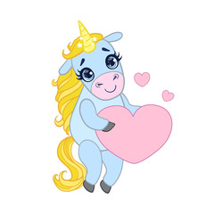 Sticker - Cartoon light blue unicorn standing and holding pink heart. Colorful vector character