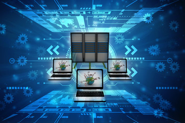 Poster - 3d illustration data center server with laptop
