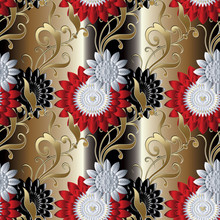 Floral Seamless Pattern. Gold Striped Flourish Background Wallpaper Illustration With Vintage 3d  Red Black And White Flowers, Gold Antique Leaves And Flowery Ornaments. Vector Luxury Surface  Texture