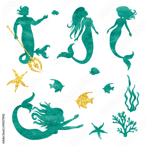 Set of watercolor mermaid s...