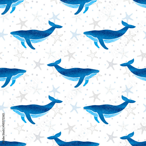 Seamless watercolor whale p...