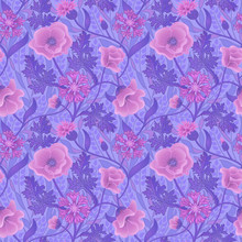 Summer Floral Purple Pattern With Flowers And Leaves.