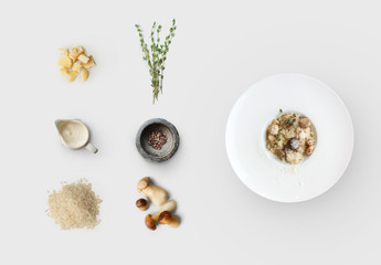 Wall Mural - Cooking ingredients for italian risotto with wild mushrooms isolated