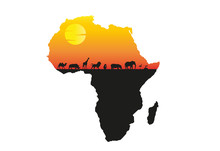 Africa Sunset Vector Illustration With Silhouette Of Wild Animals 