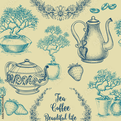 Fototapeta na wymiar Tea and coffee seamless pattern. Table cloth print, kitchen dish design