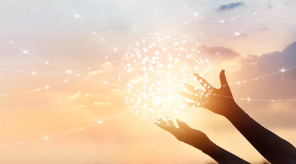 Poster - Abstract science, circle global network connection in hands on sunset background